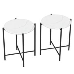 Havendro White Round Set of 2 Marble Effect Coffee Tables Metal Frame