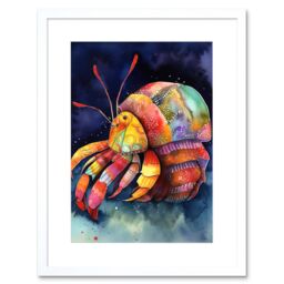 "Artery8 Wall Art Print Hermit Crab Vibrant Folk Art Watercolour Painting Artwork Framed 9X7 Inch in White - Size: W7"" x H9""" - thumbnail 1