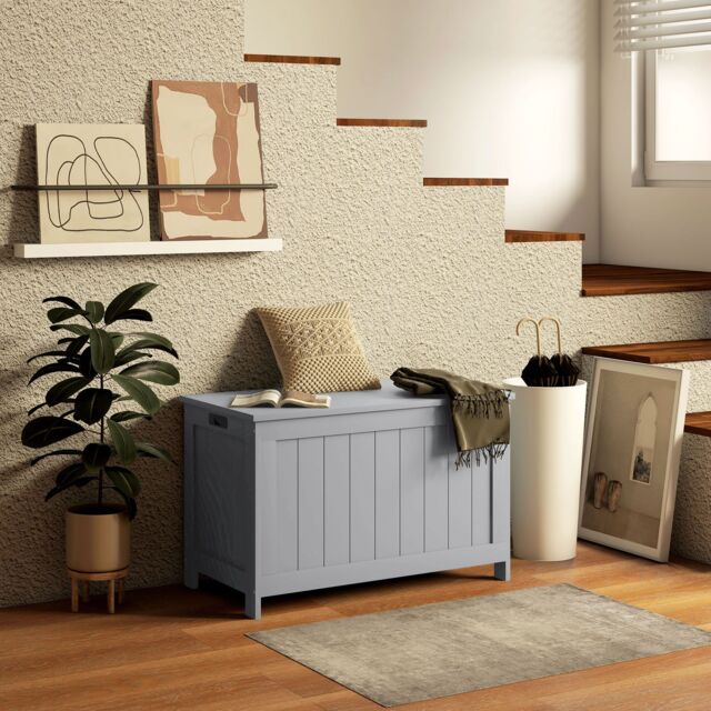 HOMCOM Storage Chest, Modern Storage Trunk with 2 Safety Hinges & Cut-out Handles, Wooden Toy Box for Living Room, Entryway, 76 x 40 x 48 cm in Grey - image 1