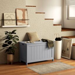 HOMCOM Storage Chest, Modern Storage Trunk with 2 Safety Hinges & Cut-out Handles, Wooden Toy Box for Living Room, Entryway, 76 x 40 x 48 cm in Grey - thumbnail 1