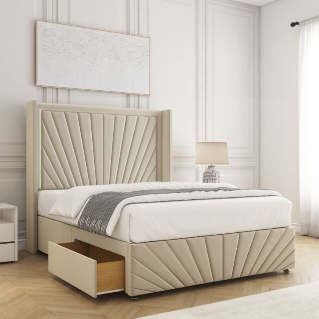"BSSPOKE Nola Divan Bed Set Plush 54"" Headboard 2 Drawers Footend & Mattress in Cream - Size: King" - image 1