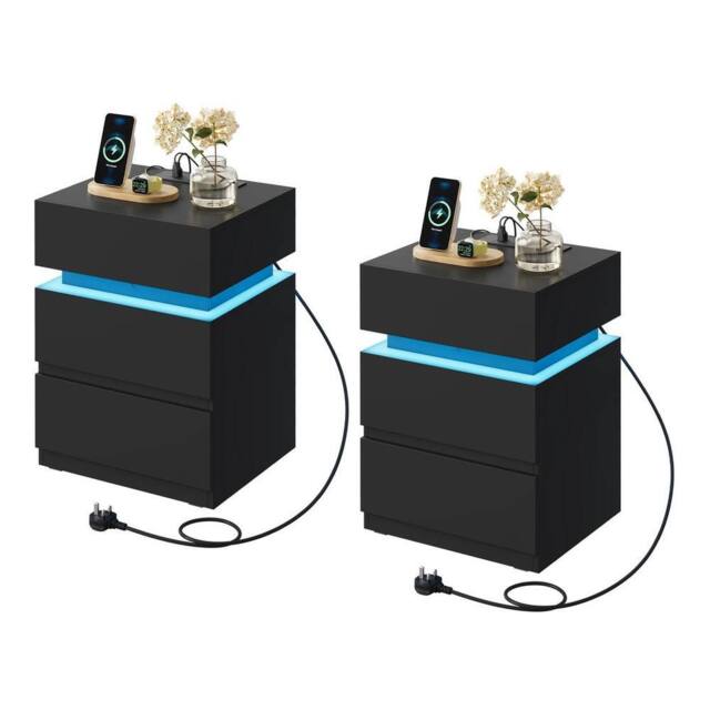 FORGEVIO Drawer Bedside Table Nightstand with Charging Station 2 in Black - image 1