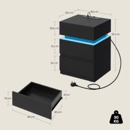 FORGEVIO Drawer Bedside Table Nightstand with Charging Station 2 in Black - thumbnail 2