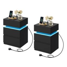 FORGEVIO Drawer Bedside Table Nightstand with Charging Station 2 in Black