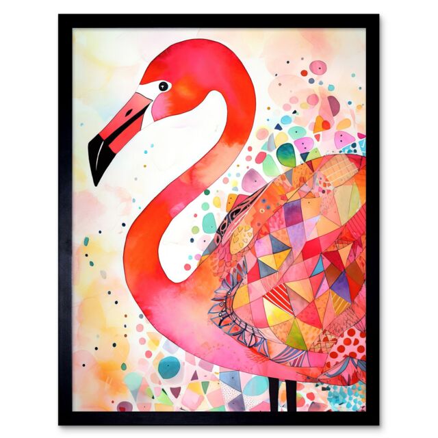 "Artery8 Wall Art Print Flamingo Bird With Patterns Folk Art Watercolour Painting Art Framed in Black - Size: W12"" x H16""" - image 1