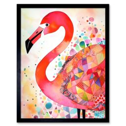 "Artery8 Wall Art Print Flamingo Bird With Patterns Folk Art Watercolour Painting Art Framed in Black - Size: W12"" x H16""" - thumbnail 1