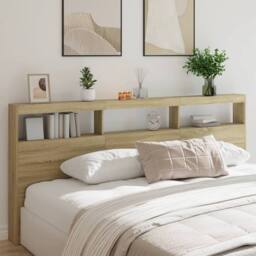 Berkfield Home Headboard Cabinet with LED Sonoma Oak 220x17x102 cm in Light Oak - Size: 220 x 17 x 102 cm - thumbnail 2