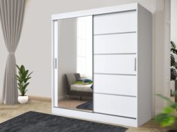 RAC3 Modern Oak Effect 180cm Sliding Door Wardrobe with Mirror & Integrated Drawers, Spacious Bedroom Storage in White