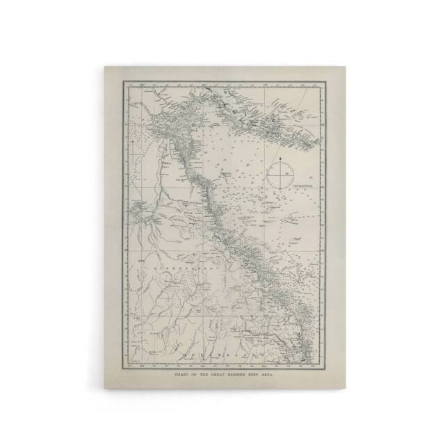 "Artery8 Great Barrier Reef Area Chart Map Kent Canvas Wall Art Print in White - Size: W12"" x H16""" - image 1