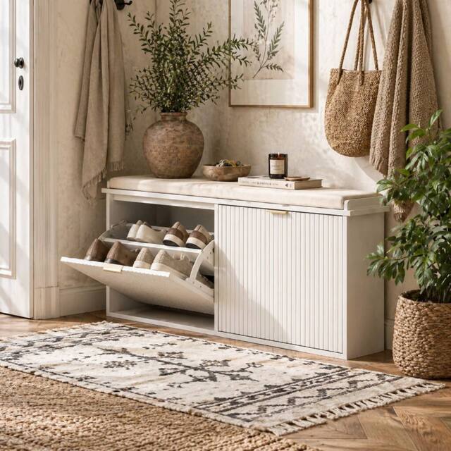 Wyld Haus White Shoe Bench Cushioned Seat & 2 Flip Drawers Fits Up to 10 Pairs - image 1