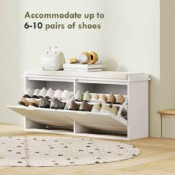 Wyld Haus White Shoe Bench Cushioned Seat & 2 Flip Drawers Fits Up to 10 Pairs - thumbnail 6