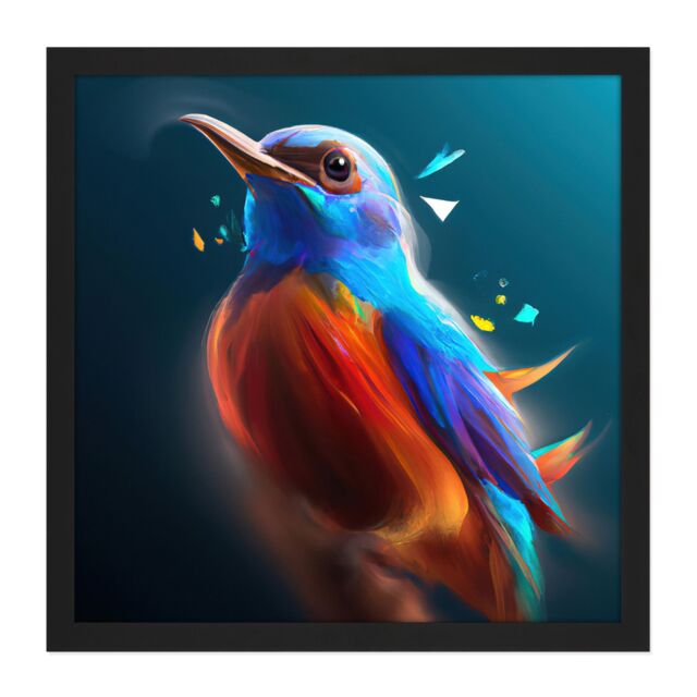 "Artery8 Wall Art Print Bird Portrait Bright Blue Orange Colourful Painting Square Framed Picture 16X16 Inch in Black - Size: W16"" x H16""" - image 1