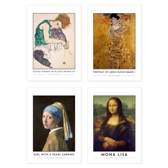 Artery8 Wall Art Print Classic Paintings Schiele Seated Woman Klimt Adele Vermeer Pearl Earring Da Vinci Mona Lisa A4 Poster Pack of 4 Wall Art - image 1