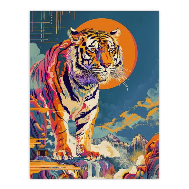 "Artery8 Wall Art Print Japanese Tiger in Sun Abstract Colourful Classic Poster - Size: W12"" x H16""" - image 1