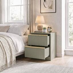 FWStyle Fluted 2 Drawer Bedside Table Bedroom Chest Storage Green With Gold Handles