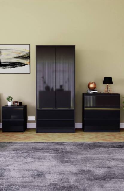 Home Discount Vida Designs Glinton 3Pc Bedroom Set(2Dr Bedside, 3Dr Chest, Wardrobe) in Black - image 1