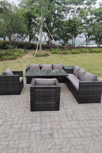 Fimous 8 Seater PE Rattan Corner Sofa Set Rising Adjustable Dining Table Set High Side Coffee Table in Dark Grey - image 1