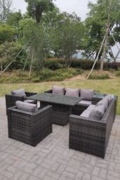 Fimous 8 Seater PE Rattan Corner Sofa Set Rising Adjustable Dining Table Set High Side Coffee Table in Dark Grey - thumbnail 2