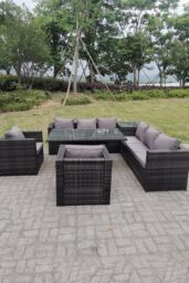Fimous 8 Seater PE Rattan Corner Sofa Set Rising Adjustable Dining Table Set High Side Coffee Table in Dark Grey - thumbnail 1