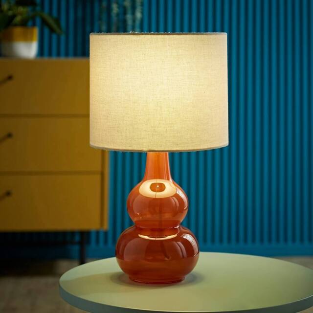 ValueLights Maguire Natural Linen Shade Burnt Orange Glass Table Lamp - image 1