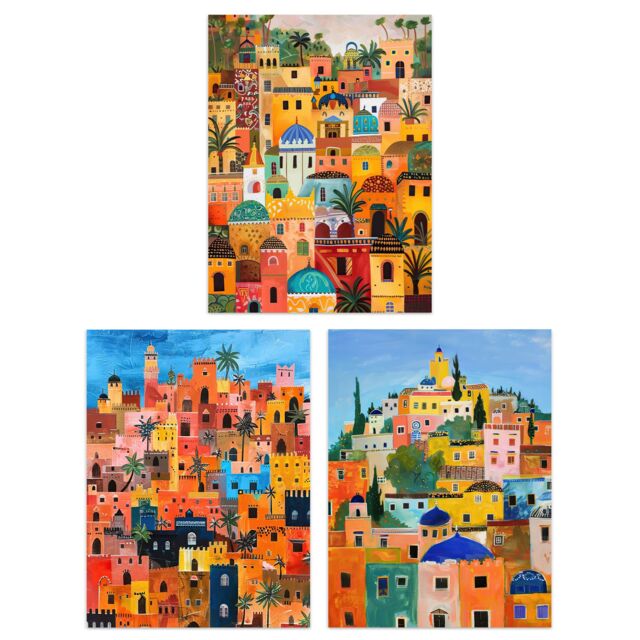 "Artery8 Set of 3 Colourful Moroccan Cityscape Paintings 12X16"" Wall Art Prints - Size: A4" - image 1