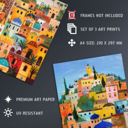 "Artery8 Set of 3 Colourful Moroccan Cityscape Paintings 12X16"" Wall Art Prints - Size: A4" - thumbnail 4