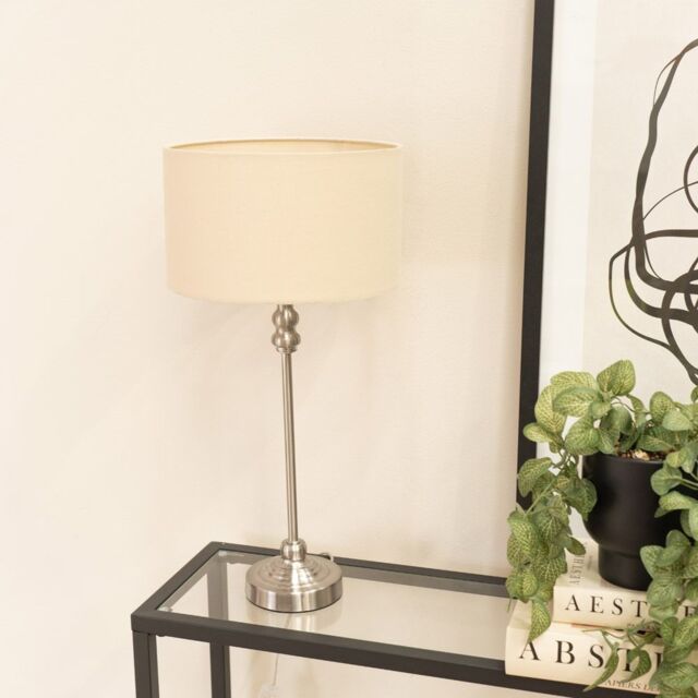 ValueLights Maggie Brushed Chrome Candlestick Slim Table Lamp with Fabric Drum Lamp Shade in Natural - image 1