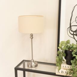 ValueLights Maggie Brushed Chrome Candlestick Slim Table Lamp with Fabric Drum Lamp Shade in Natural