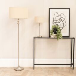 ValueLights Maggie Brushed Chrome Candlestick Slim Table Lamp with Fabric Drum Lamp Shade in Natural - thumbnail 4