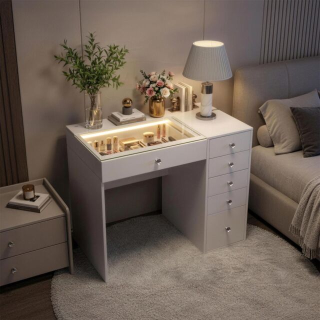 FENCHILIN Dressing Table with 6 Drawers & Lights Hollywood Makeup Vanity Desk in White - Size: Large - image 1