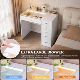 FENCHILIN Dressing Table with 6 Drawers & Lights Hollywood Makeup Vanity Desk in White - Size: Large - thumbnail 3