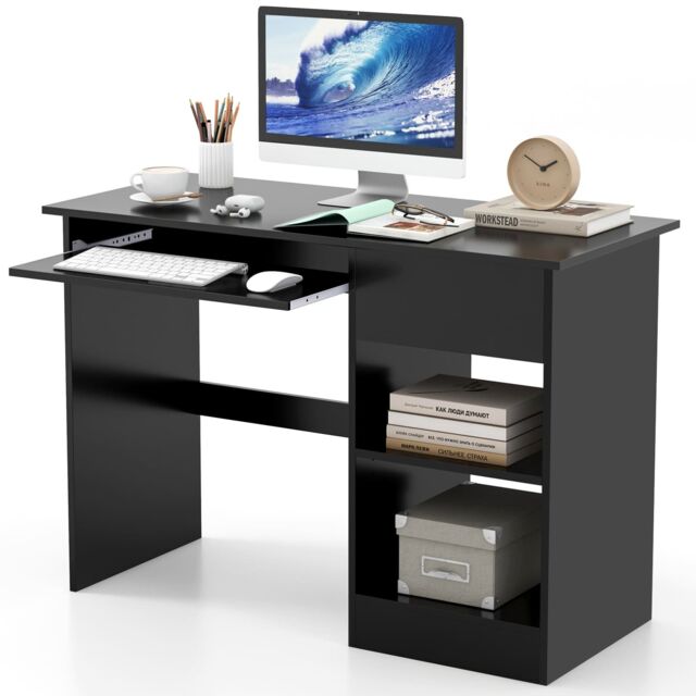 Costway Wooden Computer Desk with Pull-out Keyboard Tray-Black in Black - image 1