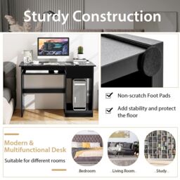 Costway Wooden Computer Desk with Pull-out Keyboard Tray-Black in Black - thumbnail 6