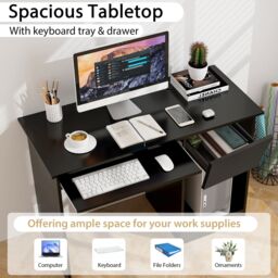 Costway Wooden Computer Desk with Pull-out Keyboard Tray-Black in Black - thumbnail 5