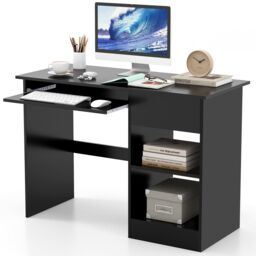 Costway Wooden Computer Desk with Pull-out Keyboard Tray-Black in Black - thumbnail 1