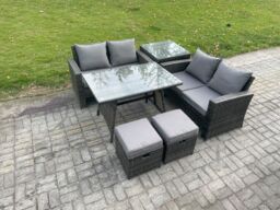 Fimous Garden Furniture Sets 6 Pieces Wicker Rattan Furniture Manual Wicker Patio Sofa Patio Conversation Set with Side Table 2 Small Footstools - thumbnail 2