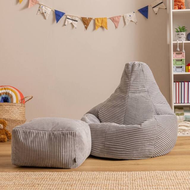 icon Kids Bean Bag Recliner & Footstool Bundle, Jumbo Cord in Light Grey - Size: Medium - image 1