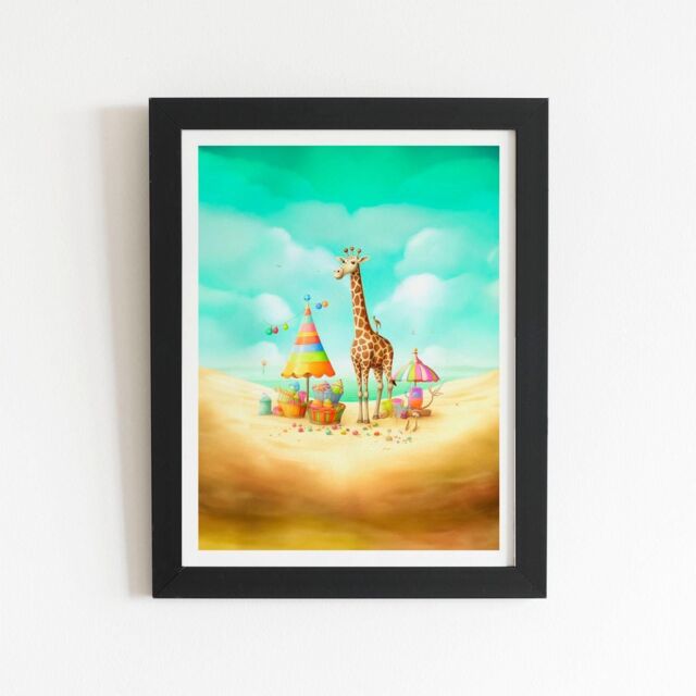 "Warren Reed - Designer Giraffe On A Beach Holiday Framed Art Print in Black - Size: W20"" x H30""" - image 1