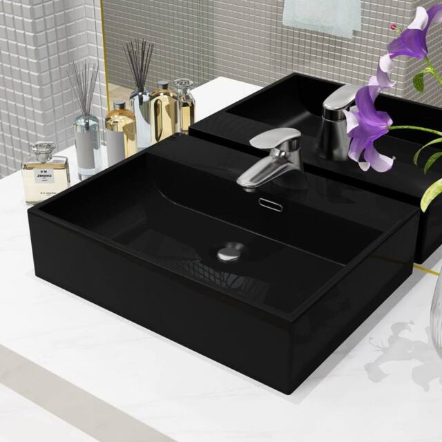 Berkfield Home Basin with Faucet Hole Ceramic Black 51.5x38.5x15 cm - image 1