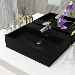 Berkfield Home Basin with Faucet Hole Ceramic Black 51.5x38.5x15 cm - thumbnail 1