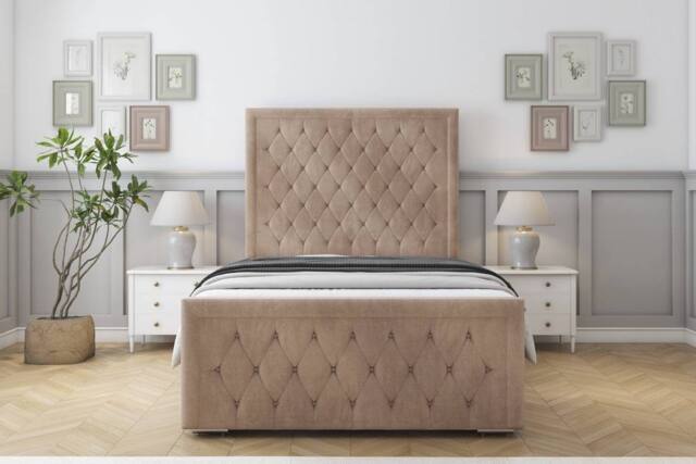 "Sloomy Monroe Naples Frame-Mattress - 50"" Upholstered Headboard in Light Brown - Size: Super King" - image 1