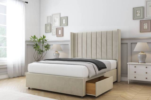 "Comfort Beds Palermo Plush Divan Base 2 Drawers - 54"" Wingback in Cream - Size: Double" - image 1
