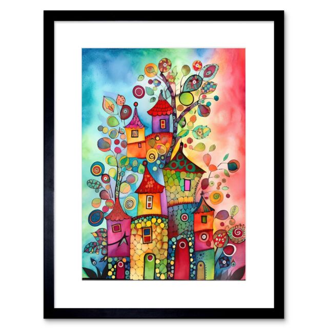 "Artery8 Wall Art Print Country Houses Concept Folk Art Watercolour Painting Artwork Framed 9X7 Inch in Black - Size: W7"" x H9""" - image 1