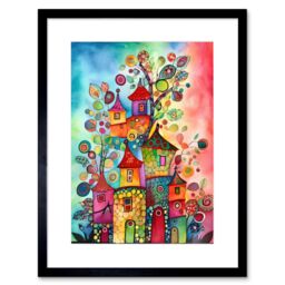 "Artery8 Wall Art Print Country Houses Concept Folk Art Watercolour Painting Artwork Framed 9X7 Inch in Black - Size: W7"" x H9""" - thumbnail 1