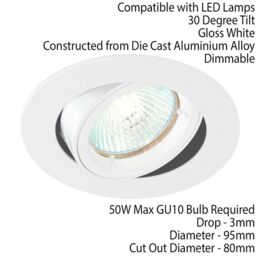 Loops TILTING Round Recess Ceiling Down Light Gloss White 95mm Flush GU10 Lamp Fitting - thumbnail 2