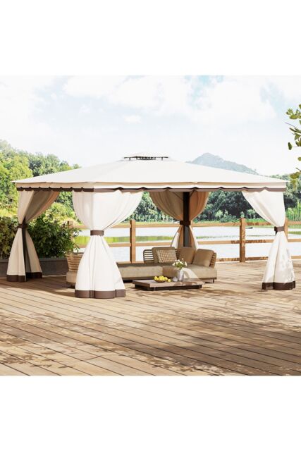 Living and Home 13 x 13FT Tiered Roof Metal Frame Patio Gazebo with Curtains in Beige - image 1