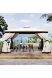 Living and Home 13 x 13FT Tiered Roof Metal Frame Patio Gazebo with Curtains in Beige - thumbnail 6