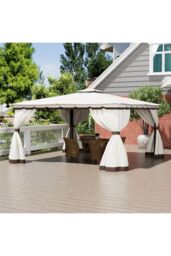 Living and Home 13 x 13FT Tiered Roof Metal Frame Patio Gazebo with Curtains in Beige - thumbnail 7