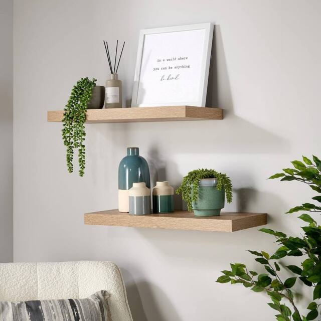 Home Source Pair of 60cm Floating Storage Shelf Wall Mounted Wooden Book Shelves in Light Oak - image 1