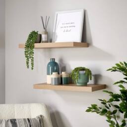 Home Source Pair of 60cm Floating Storage Shelf Wall Mounted Wooden Book Shelves in Light Oak